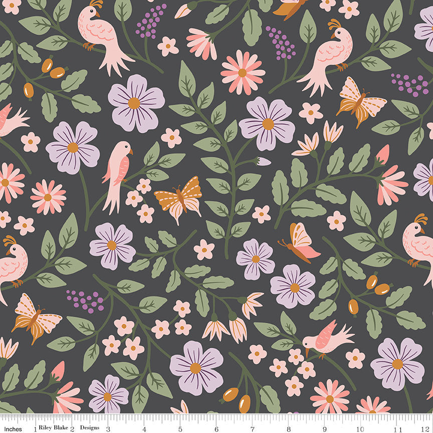 Let it Bloom 5" Stacker, Riley Blake 5-14280-42, Precut Floral Fabric Squares in Green Pink Purple, Charm Pack Fabric, Little Forest Atelier