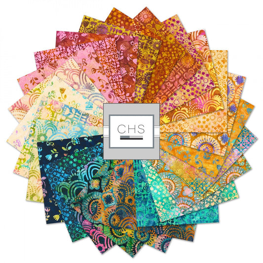 Artisan Batiks Retro Rainbow Charm Squares, Robert Kaufman CHS-1197-42, Teal Gold Pink Batik Fabric, 5" Precut Fabric Squares