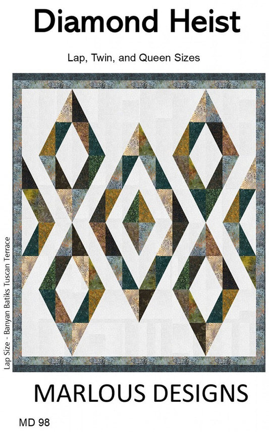 Diamond Heist Quilt Pattern, Marlous Designs MD98, Fat Quarter FQ Friendly, Contemporary Diamonds Lap Twin Queen Quilt Pattern