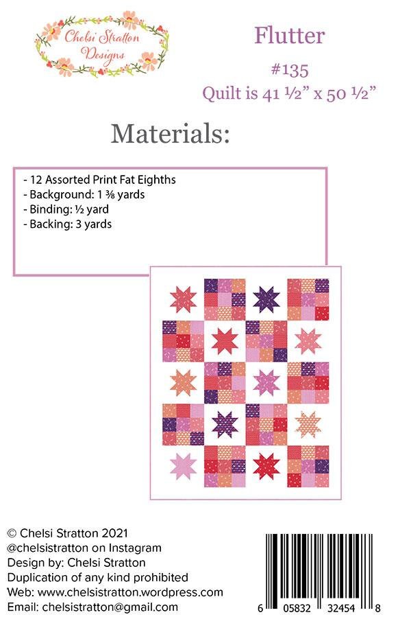 Flutter Quilt Pattern, Chelsi Stratton Designs CSD135, 12 F8 Fat Eighths Friendly Quilt Pattern, Star Nine Patch Lap Quilt Pattern