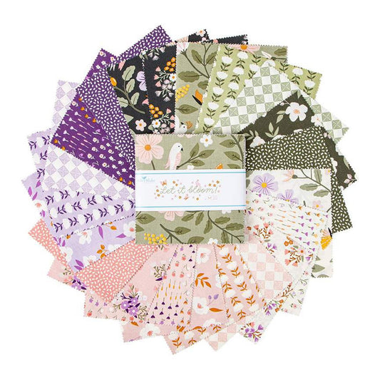 Let it Bloom 5" Stacker, Riley Blake 5-14280-42, Precut Floral Fabric Squares in Green Pink Purple, Charm Pack Fabric, Little Forest Atelier