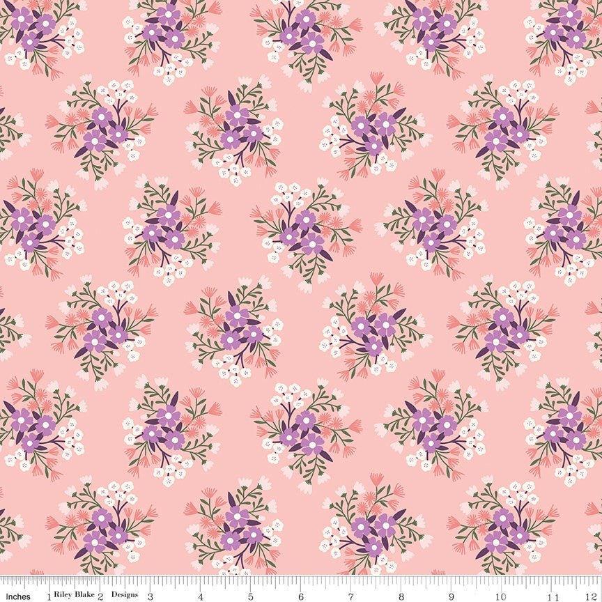 Let it Bloom 5" Stacker, Riley Blake 5-14280-42, Precut Floral Fabric Squares in Green Pink Purple, Charm Pack Fabric, Little Forest Atelier