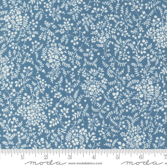 Shoreline - Medium Blue Cream Small Floral Fabric, Moda 55304 23, Tiny Floral Vines on Blue Fabric, Camille Roskelley, By the Yard
