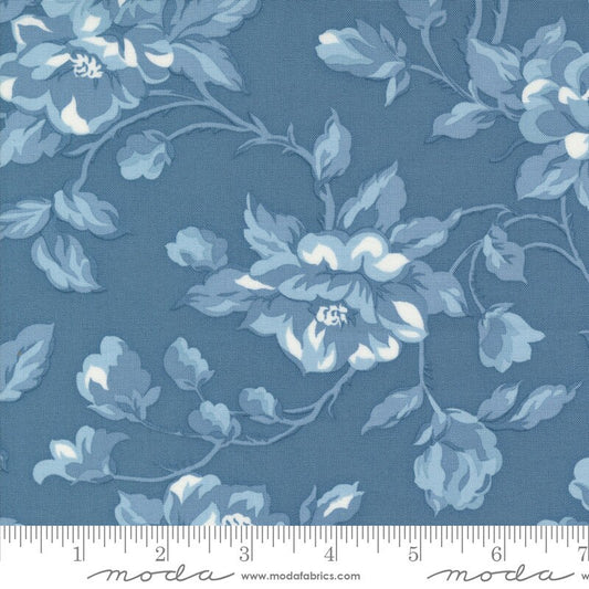 108" Shoreline - Medium Blue Cream Floral Wide Quilt Back Fabric, Moda 108013 23, Cotton Sateen Quilt Backing Fabric, By the Yard