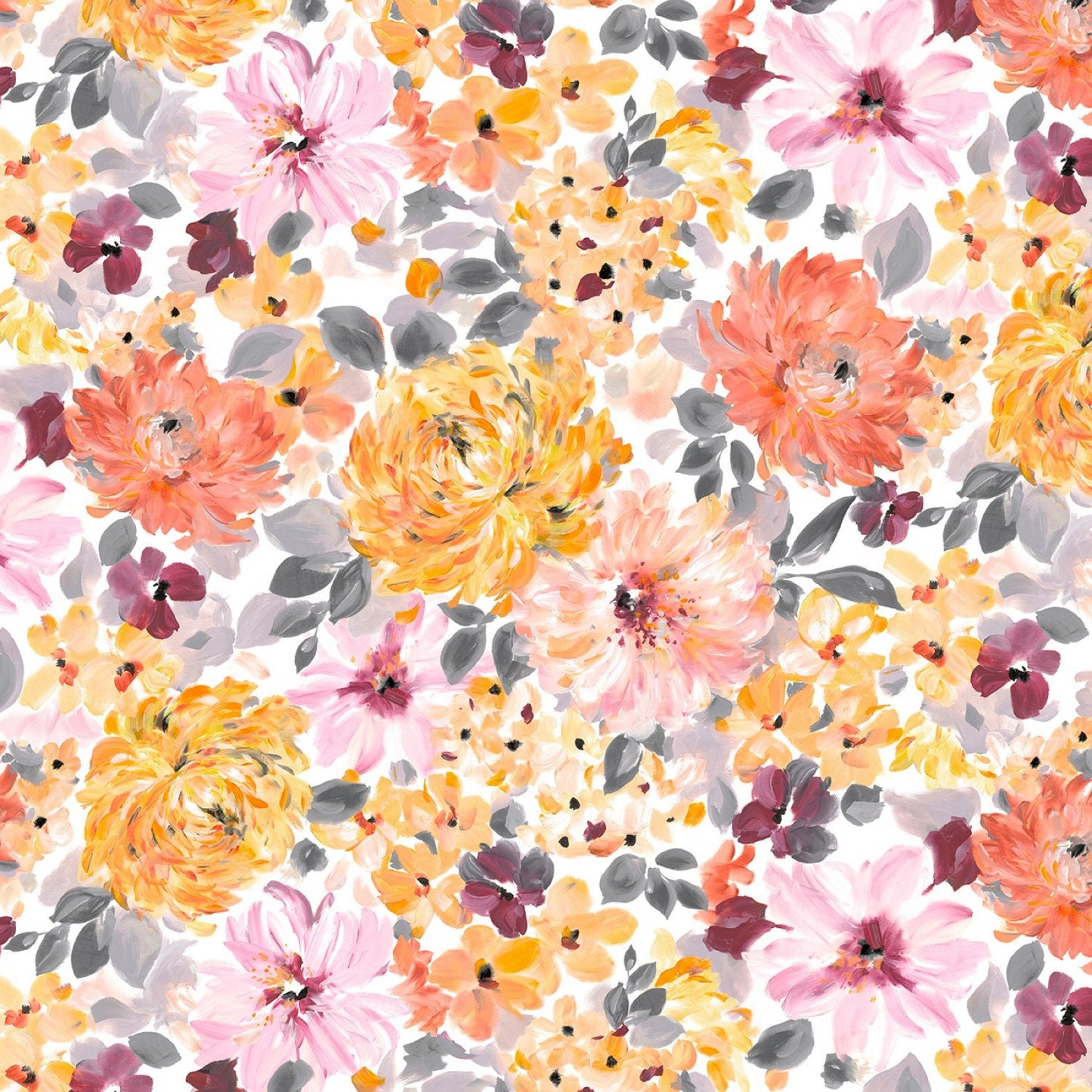 Painted Petals Charm Pack, P & B Textiles PPET5X5, Peach Pink Yellow Floral Quilt Fabric Squares, 5" Inch Precut Fabric Squares