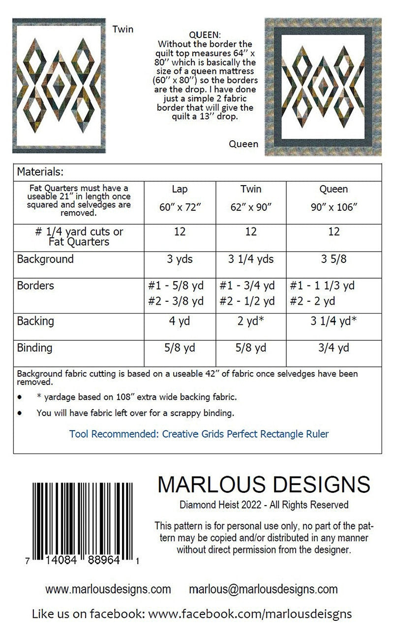 Diamond Heist Quilt Pattern, Marlous Designs MD98, Fat Quarter FQ Friendly, Contemporary Diamonds Lap Twin Queen Quilt Pattern