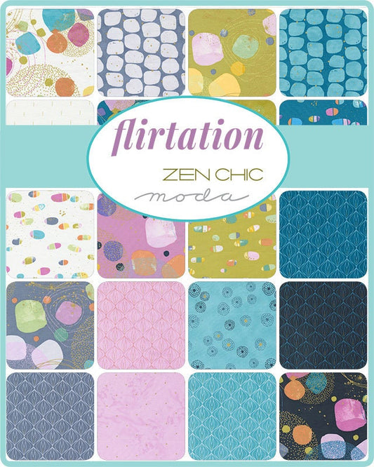 Flirtation Charm Pack, Moda 1830PP, 5" Inch Precut Fabric Squares, Modern Pink Blue Yellow Green Cotton Quilt Fabric, Zen Chic