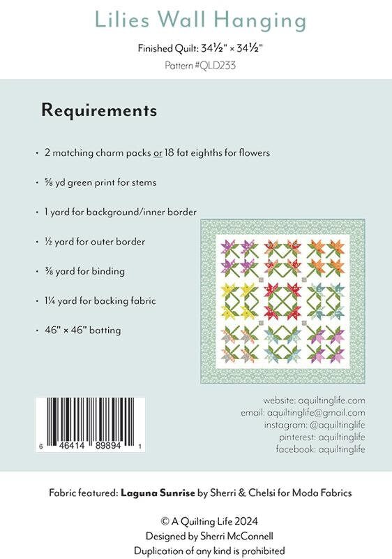 Lilies Wall Hanging Quilt Pattern, Quilting Life Design QLD233, Charm Square Friendly Wall or Table Quilt Pattern, Sherri McConnell
