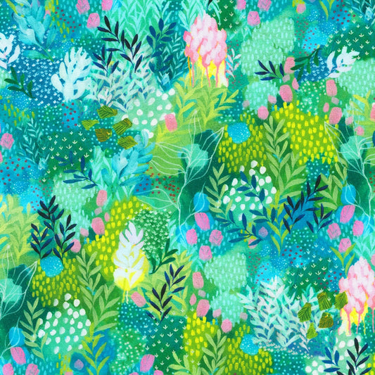 Painterly Trees - Garden Green Blue Pink Leaves Fabric, Robert Kaufman ABXD-22492-238 Garden, Leaf Shrub Quilt Fabric, By the Yard