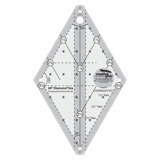 60 Degree Tiny Diamond Ruler, Creative Grids CGR60DIATINY, Non-Slip Multi Size Diamond Quilting Ruler