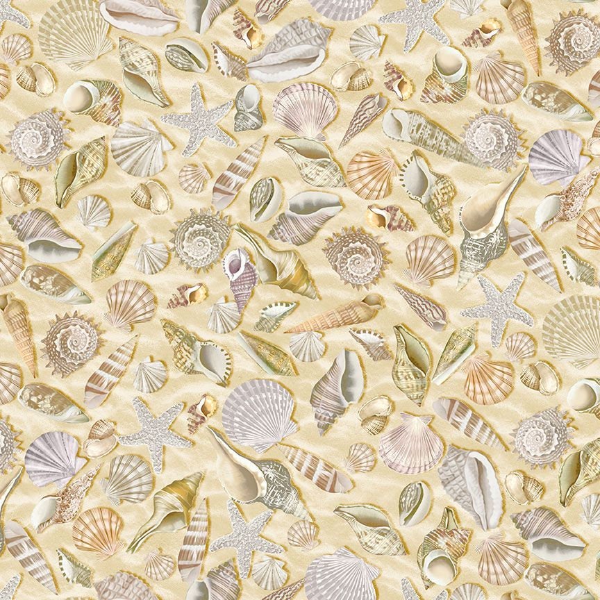 REMNANT 2 Yards 11" of 108" Wide Backings - Shells on Sand Wide Quilt Back Fabric, Timeless Treasures XBEACH-CD5353 SHELL, Quilt Backing