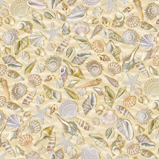 REMNANT 2 Yards 11" of 108" Wide Backings - Shells on Sand Wide Quilt Back Fabric, Timeless Treasures XBEACH-CD5353 SHELL, Quilt Backing