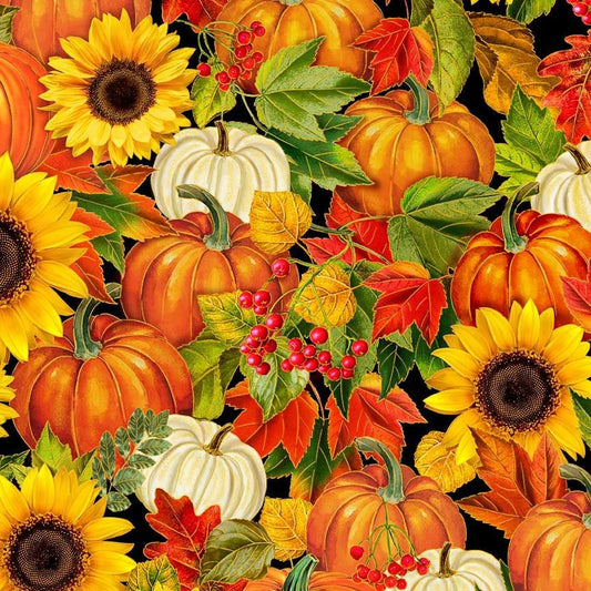 Fall is in the Air - Harvest Floral Metallic Fabric, Timeless Treasures HARVEST-CM2801 AUTUMN, Fall Pumpkins Sunflowers Fabric, By the Yard