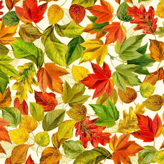Fall is in the Air - Metallic Fall Leaves Fabric, Timeless Treasures HARVEST-CM2803 CREAM, Autumn Leaves on Cream Fabric, By the Yard