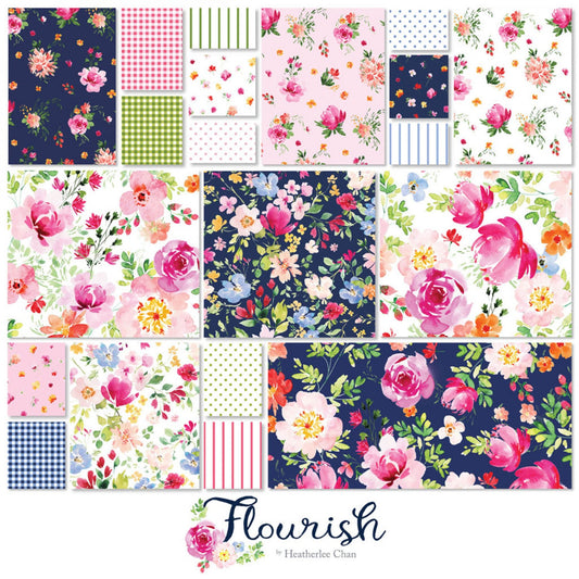 Flourish 5" Squares, Clothworks SQ0462, Pink Blue Green Floral Charm Pack, 5" Inch Precut Fabric Squares, Heatherlee Chan