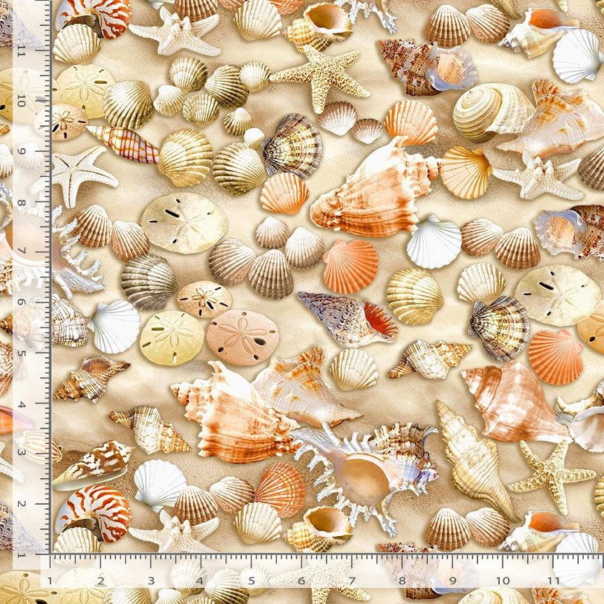 Beach Comber - Packed Seashells Fabric, Timeless Treasures BEACH-CD2534 Multi, Shells on Sand Fabric, By the Yard