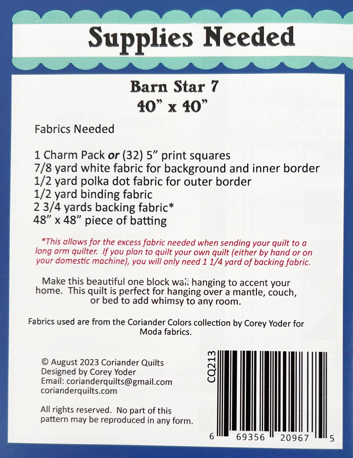 Barn Star 7 Quilt Pattern, Coriander Quilts CQ213, Charm Square Friendly Wall Hanging Table Topper or Baby Quilt Pattern, Corey Yoder