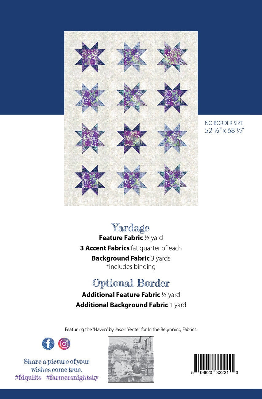 Farmer's Night Sky Quilt Pattern, Farmer's Daughters Quilts FDQ-NIGHTSKY, Yardage Fat Quarter FQ Friendly Star Throw Quilt Pattern