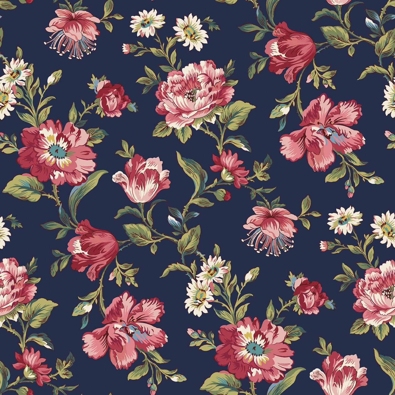 REMNANT 2 Yards 14" of 108" Midnight Meadow - Bold Bloom Navy Blue Floral Wide Quilt Back Fabric, Marcus R360840D-NAVY, Quilt Backing Fabric