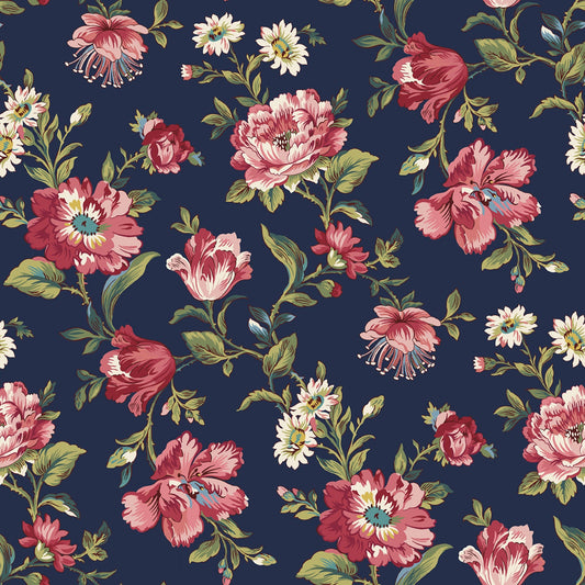 REMNANT 2 Yards 14" of 108" Midnight Meadow - Bold Bloom Navy Blue Floral Wide Quilt Back Fabric, Marcus R360840D-NAVY, Quilt Backing Fabric