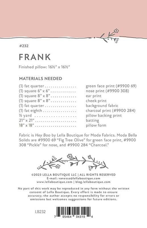 Frank Quilt Pattern, Lella Boutique LB232, Fat Quarter Scrap Friendly Halloween Frankenstein Pillow Cover Quilt Pattern