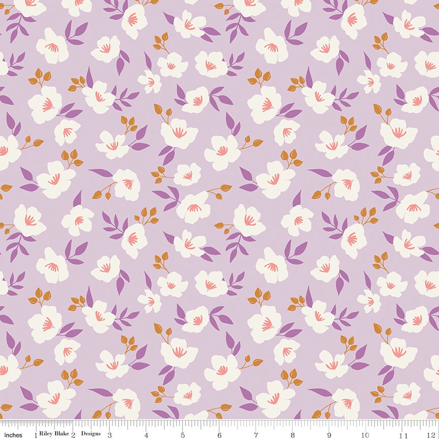 Let it Bloom 10" Inch Stacker, Riley Blake 10-14280-42, 10" Precut Fabric Squares, Pink Green Purple Floral Fabric, Little Forest Atelier