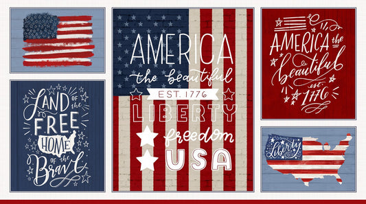 America the Beautiful - Patriotic USA Text Flag 24" Fabric Panel, P & B Textiles AMTB5339-PA, QOV Patriotic Fabric Panel