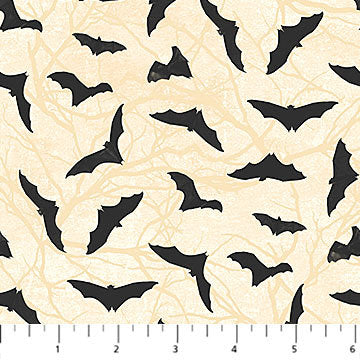 REMNANT 33" of Hallow's Eve - Black Bats on Cream Halloween Fabric, Northcott 27090-12 Cream Black, Cerrito Creek Studio