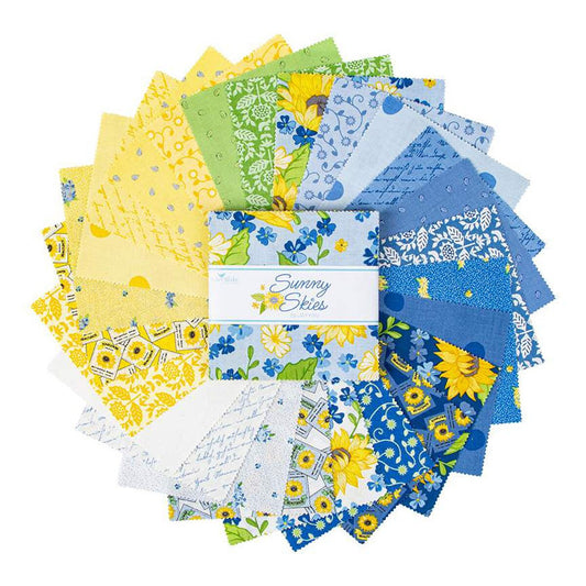 Sunny Skies 5" Stacker, Riley Blake 5-14630-42, 5" Precut Blue Yellow Green Quilt Fabric Squares, Jill Finley Jillily Studio