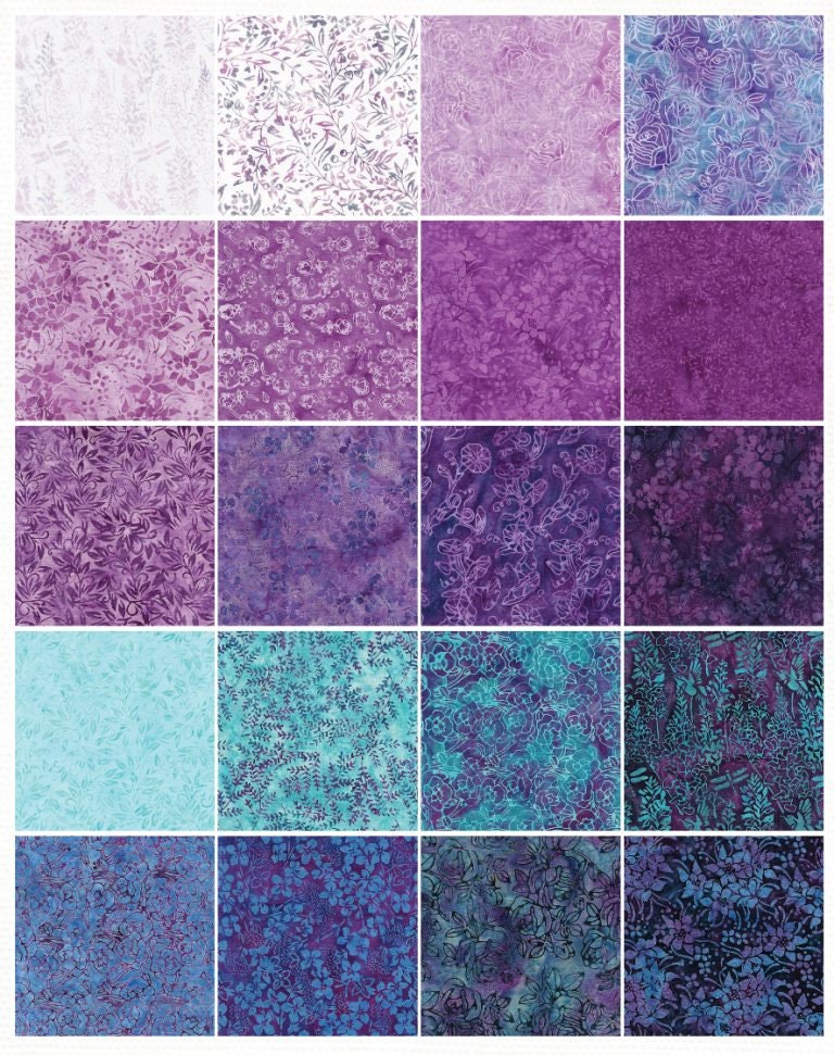 Poetic Bouquet Stack, Island Batik, 10" Precut Fabric Squares, Blue Purple Batik Floral Fabric Squares