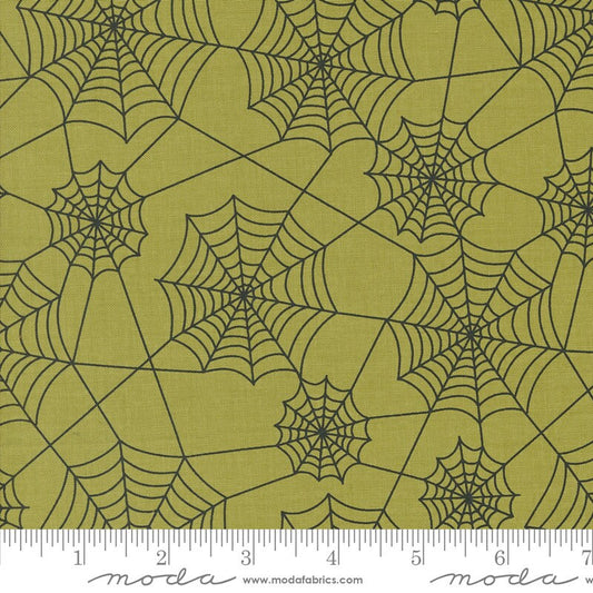 Hey Boo - Witchy Green Black Spiderwebs Halloween Fabric, Moda 5213 17, Black Spiderwebs on Green Fabric, Lella Boutique, By the Yard