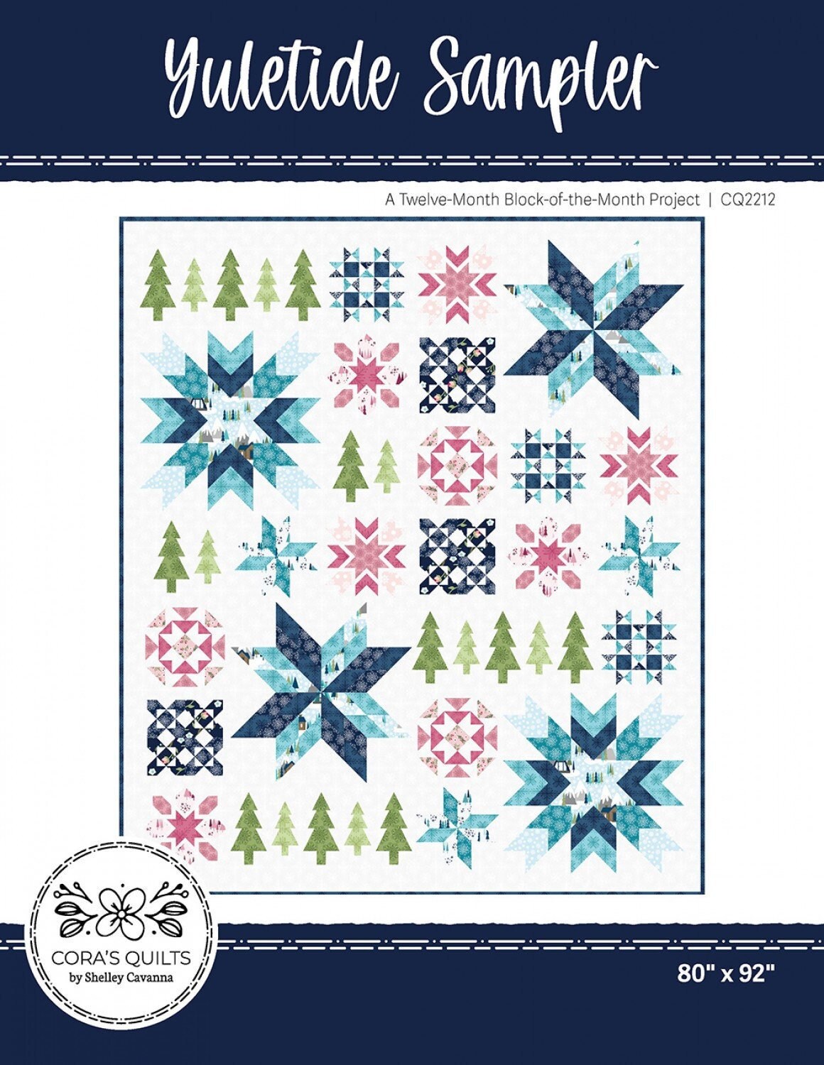 Yuletide Sampler BOM Quilt Pattern, Cora's Quilts CQ2212, Yardage Friendly Christmas Xmas Trees Stars Oversized Throw Quilt Pattern