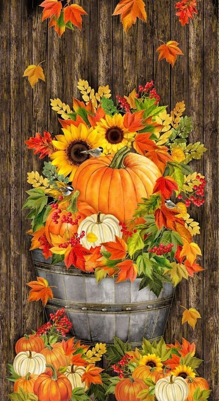 Fall is in the Air - Harvest Floral Metallic 24" Fabric Panel, Timeless Treasures PANEL-CM2800 BROWN, Autumn Fall Pumpkin Quilt Fabric Panel