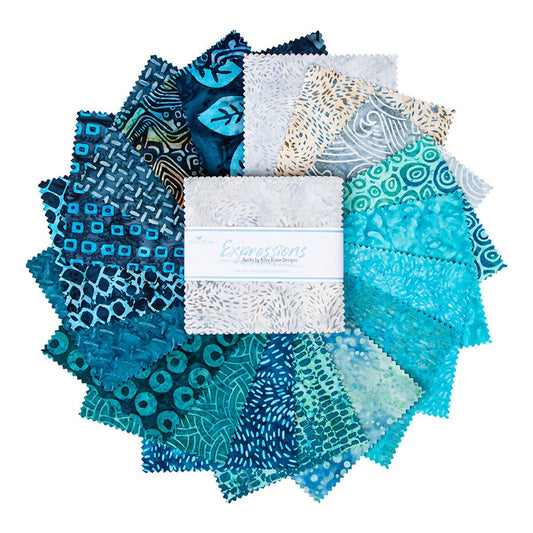 Expressions Batiks - Bayou Blues 5" Stacker, Riley Blake 5-BYUBLS-42, Blue Teal 5" Precut Batik Fabric Quilt Squares