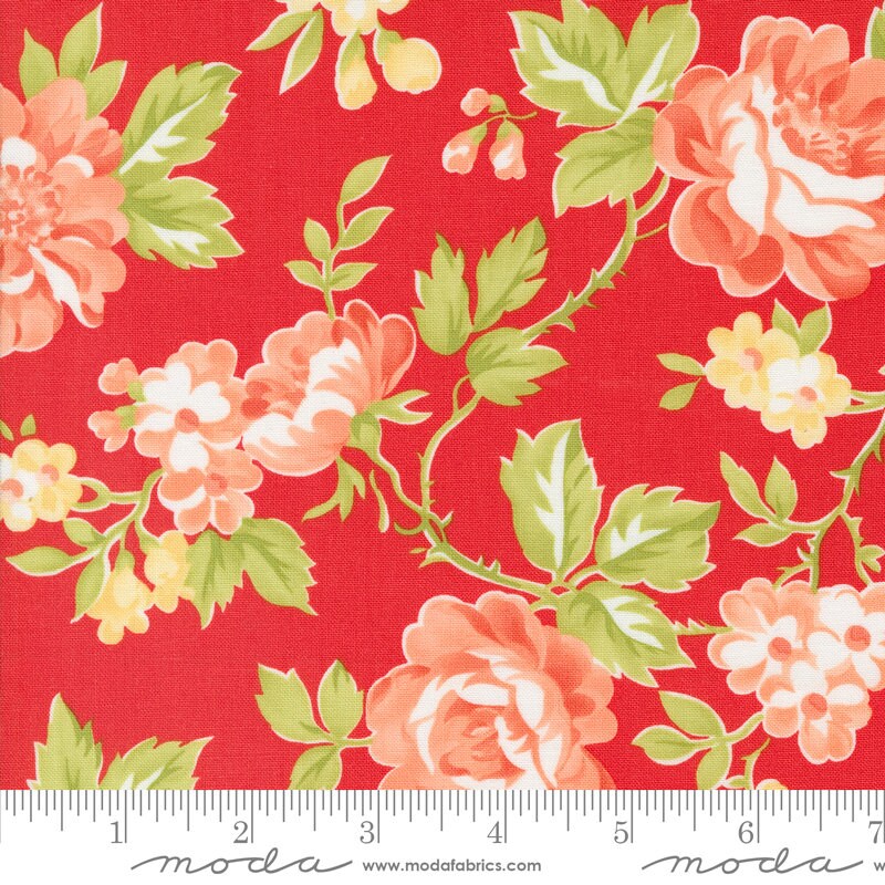 108" Jelly and Jam - Jam Coral Floral on Red Wide Quilt Back Fabric, Moda 108014 23, Cotton Sateen Quilt Backing Fabric, By the Yard