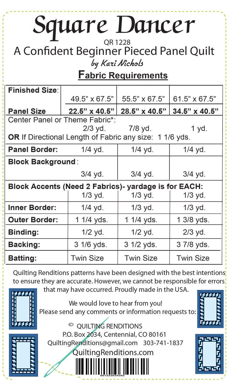 Square Dancer Quilt Pattern, Quilting Renditions QR1228, Fabric Panel Friendly Confident Beginner Throw Quilt Pattern, Kari Nichols