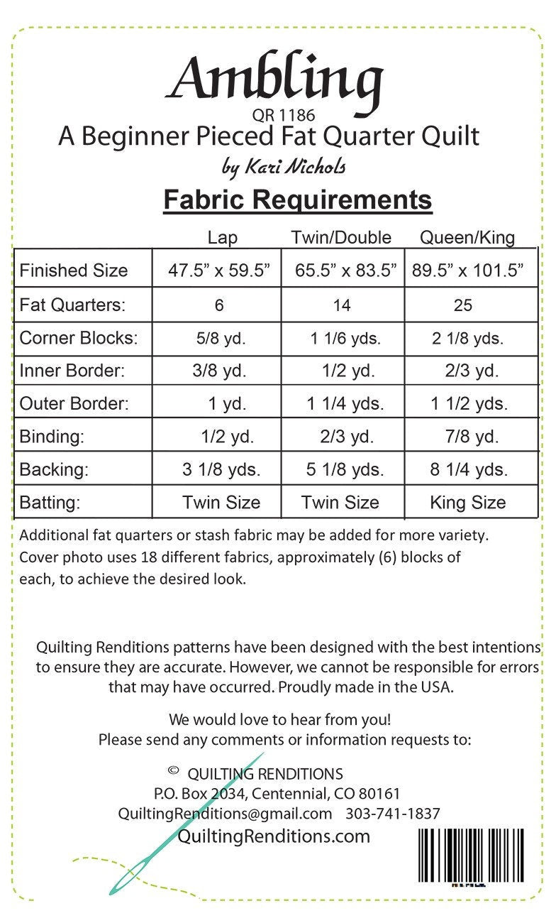 Ambling Quilt Pattern, Quilting Renditions QR1186, Fat Quarter FQ Friendly Lap Throw Twin Double Queen King Bed Quilt Pattern