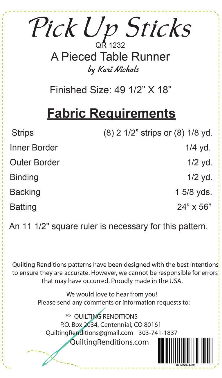 Pick Up Sticks Table Runner Quilt Pattern, Quilting Renditions QR1232, 2.5" Strip Scrap Friendly Table Quilt Pattern