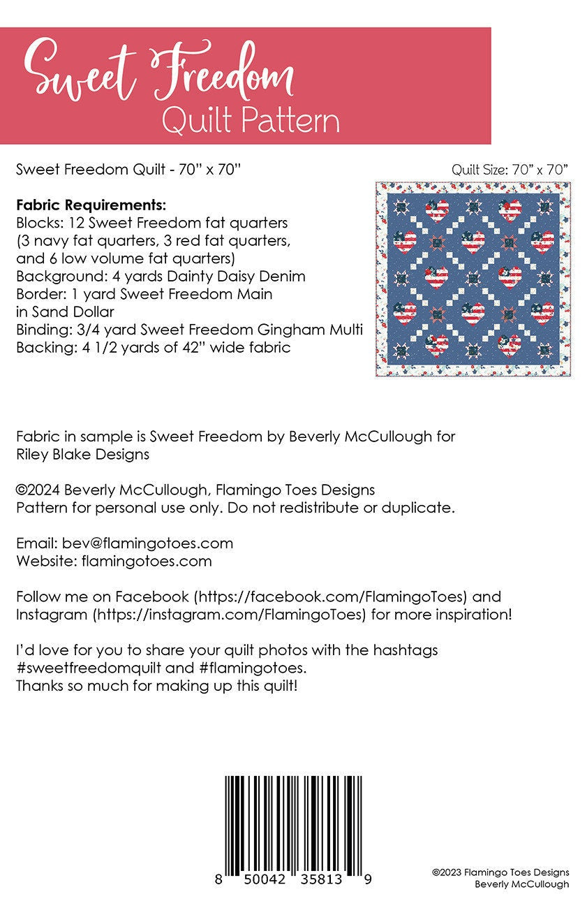 Sweet Freedom Quilt Pattern, Flamingo Toes FT8139, 12 Fat Quarter FQ Friendly Stars Flag Hearts Throw Quilt Pattern, Beverly McCullough