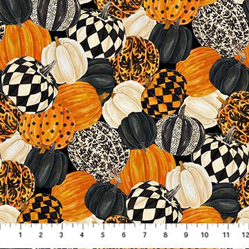 Hallow's Eve - Packed Patterned Halloween Pumpkins Fabric, Northcott 27084-99 Black Multi, Cerrito Creek Studio, By the Yard