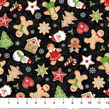 Sugar Coated - Christmas Cookies on Black Fabric, Northcott DP27143-99, Deborah Edwards, Christmas Xmas Cotton Quilt Fabric