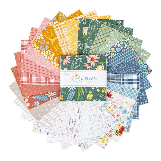 Albion 5" Stacker, Riley Blake 5-14590-42, Precut Floral Plaid Striped Quilt Fabric Squares, Red Green Blue Yellow Cotton Fabric, Amy Smart