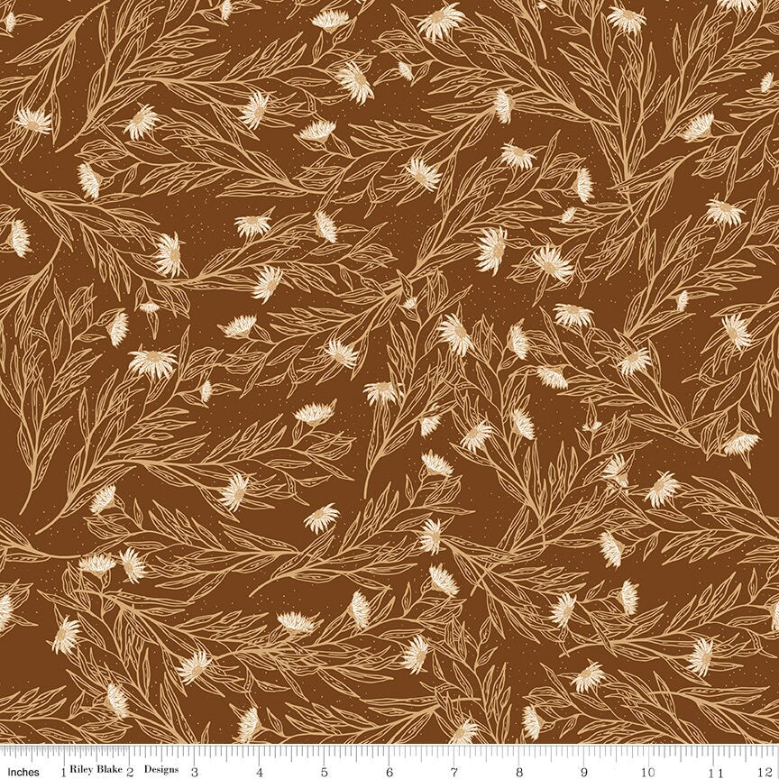 Dancing Daisies 5" Stacker, Riley Blake 5-14540-42, Precut Floral Quilt Fabric Squares, Rust Green Tan Purple Cotton Fabric, Casey Cometti