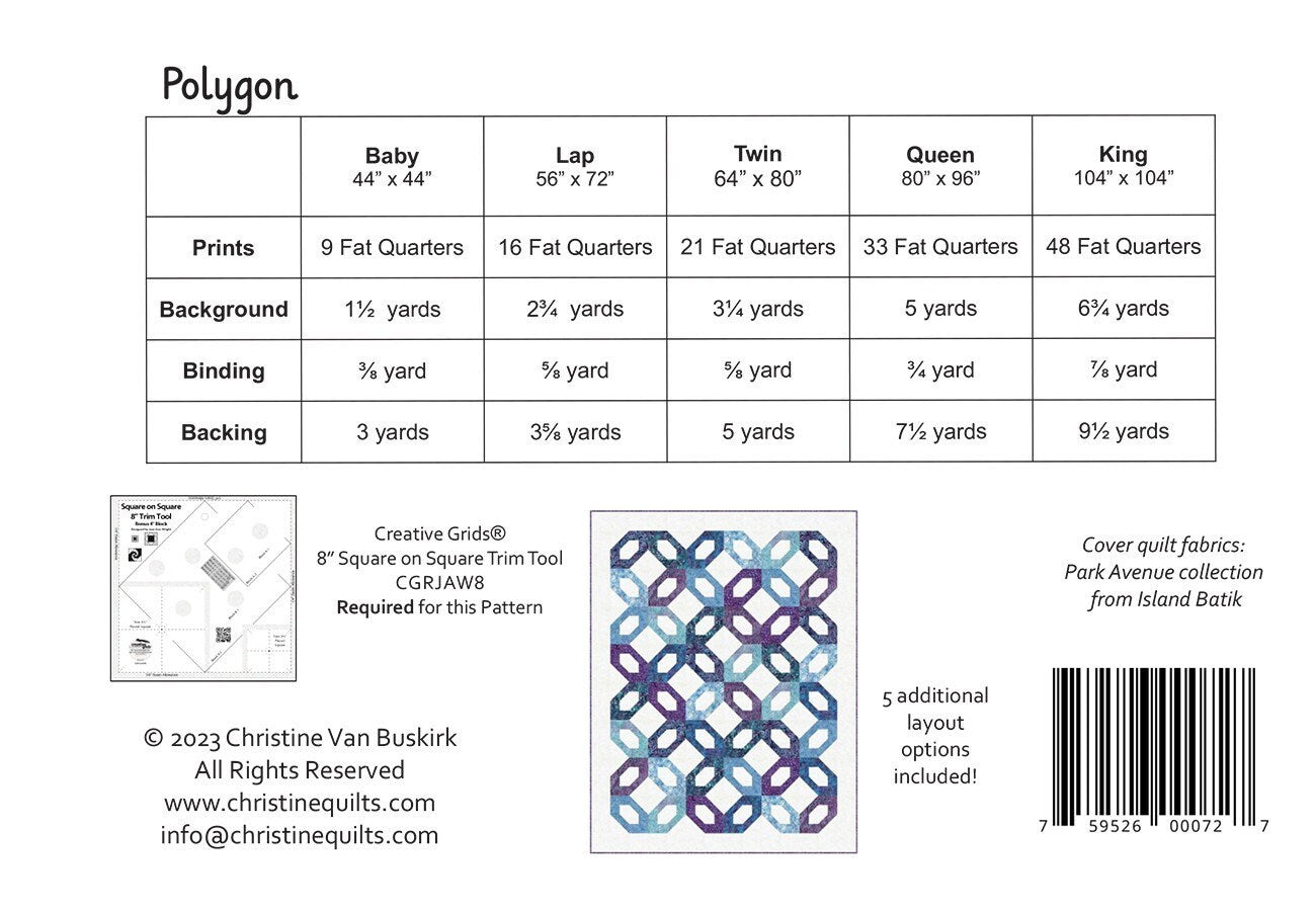 Polygon Quilt Pattern, Christine Quilts CQ022, Fat Quarter FQ Friendly Baby Lap Twin Queen King Bed Quilt Pattern