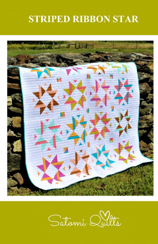 Striped Ribbon Star Quilt Pattern, Satomi Quilts SQ0206, Fat Quarter Yardage Friendly Star Throw Bed Quilt Pattern