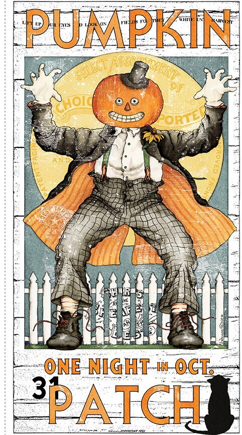 Pumpkin Patch Halloween Poster Main Fabric Panel, Riley Blake PD14570-PANEL, 24" Quilt Fabric Panel Halloween Fabric, J Wecker Frisch