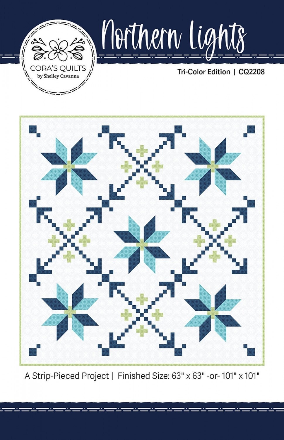 Northern Lights Quilt Pattern, Cora's Quilts CQ2208, Yardage Friendly Fair Isle Square Throw Queen Bed Quilt Pattern, Shelley Cavanna