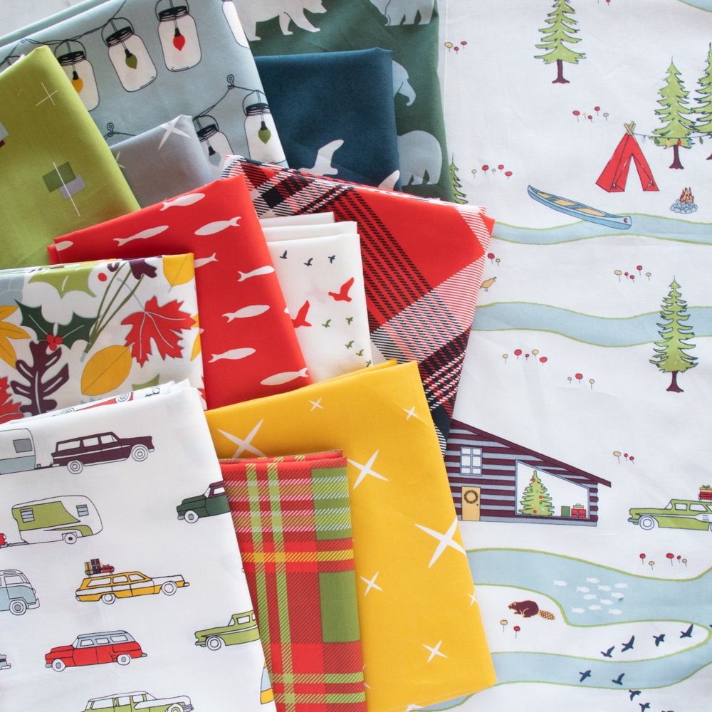 Camp Holiday 13 Piece Organic Cotton Fat Quarter Bundle, Birch Fabrics FQ-BIFCAH, Camping Holiday Fabric, 18 x 22 Fabric Cuts