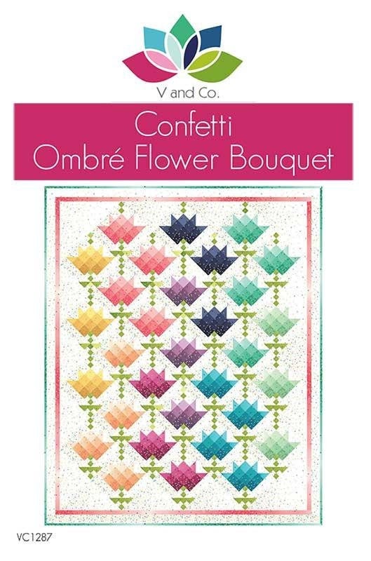 Confetti Ombre Flower Bouquet Quilt Pattern, V and Co VC1287, Yardage Friendly Modern Flower Throw Quilt Pattern, Ombre Temperature Quilt