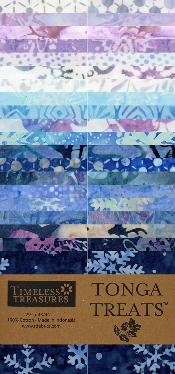 Frost 2.5" Strips, Timeless Treasures Treat-Strip40 Frost, Blue Purple Winter Snowflakes Reindeer 2.5" Batik Fabric Strips